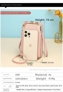 Detailed size chart and multi-pocket layout for pink PU leather crossbody phone bag