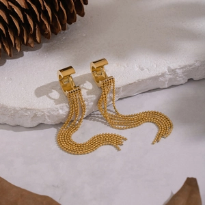 Elegant gold fringe dangle earrings with beads and polished metallic finish for women