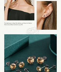 Detailed view of champagne zircon S925 sterling silver stud earrings in various sizes