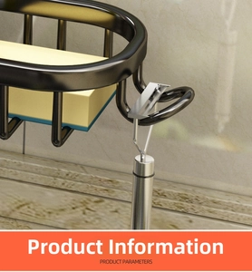 Detail view of a black metal wall-mounted sink rack with a specialized razor holder hook