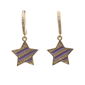 Star-shaped gold huggie hoop earrings with purple enamel stripes and pavé crystals