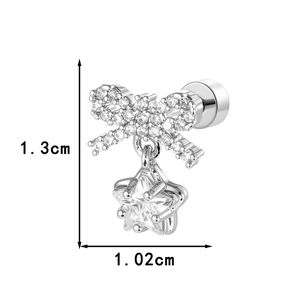 Silver bow and star stud earring with zircons, high-quality jewelry piece 1.3cm in height