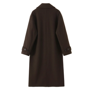 Rear view detail of loose-fit dark brown wool coat with buttoned cuff decorations