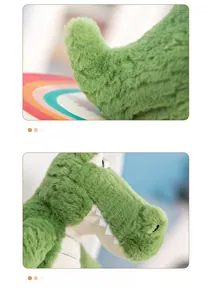Close-up of stitched details and soft plush texture on green crocodile toy