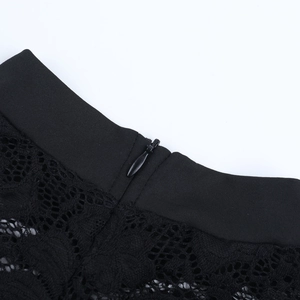 Close-up of intricate lace texture and invisible zipper on black bodycon dress