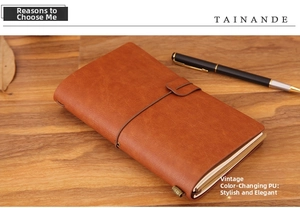 Detailed view of caramel brown vintage PU leather cover with elastic strap and metal buckle