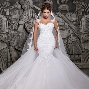 Robe De Mariée Sirène Dentelle Polyester Sans Manches Col En V Robe De Mariée Avec Longue Traîne Élégante Blanc