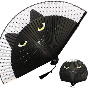 Japanese style folding fan with black cat face design, white polka dots and silk tassel