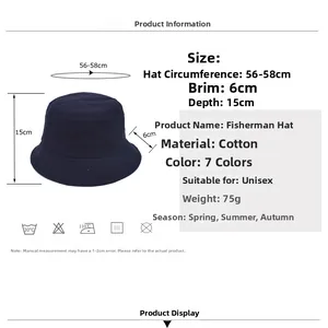 Detailed size specifications for navy cotton bucket hat featuring 56-58cm circumference
