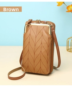 Brown faux leather crossbody phone bag with V-shaped quilting and gold metal clasp
