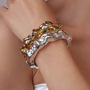 Irregular liquid metal texture bangle set in gold and silver finish for women