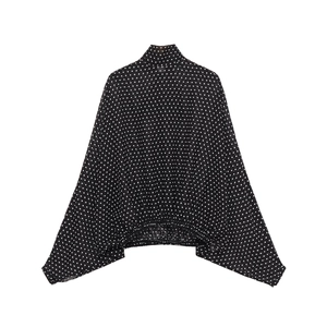 Polka Dot Chiffon Blouse For Women High Neck Batwing Long Sleeve Pullover Elastic Hem Fashion Elegant Top
