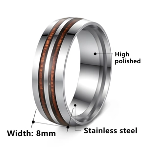 Men's 8mm stainless steel ring with double inlaid wood grain and high polished finish