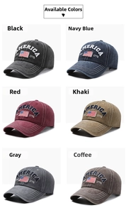 Detailed grid view of washed cotton baseball caps in six colors with America embroidery