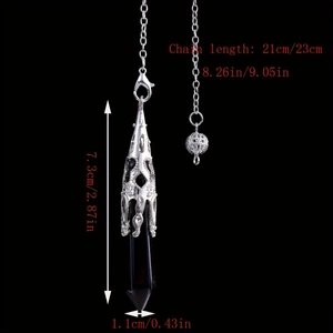 Detailed size specifications for hexagonal black crystal pendulum necklace with silver cap