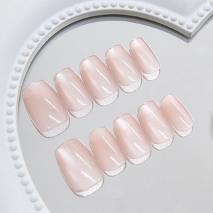 Translucent nude pink moonstone cat-eye press-on nails in trendy square-oval shape