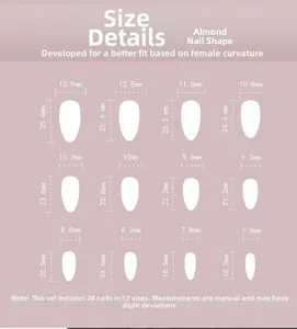 Tableau des tailles pour 24 faux ongles amande en 12 tailles et dimensions précises