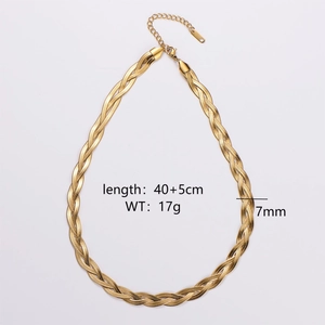Detail view of golden woven necklace showing 40+5cm length and 7mm width dimensions