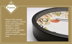 Close-up of black steel wall clock frame with piano lacquer finish and rust protection