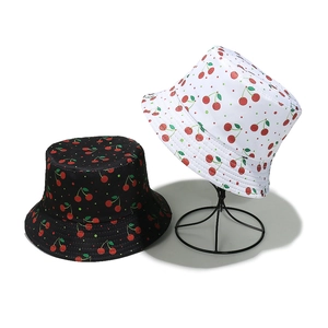 Summer sun protection fisherman hats with fruit cherry print in black and white styles