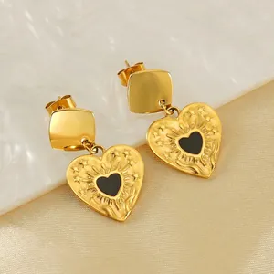 Orecchini Asimmetrici Vintage In Acciaio Inossidabile Placcato Oro 18K Smalto Nero Raggi Solari Stella Per Donne