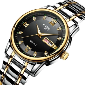 Men's two-tone steel watch with black dial, luminous Roman numerals and day-date display