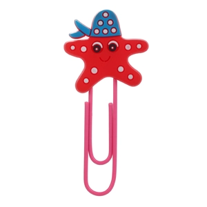 Cute red starfish PVC bookmark with pink metal paperclip and blue polka dot headscarf