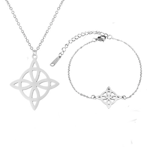 Detailed view of silver Celtic knot pendant necklace and bracelet set with lobster clasp