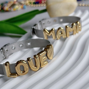 Retro mesh strap bracelet with gold LOVE and MAMA letters on silver stainless steel band