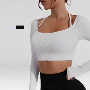 Damen Geripptes Yoga Langarm Top Halter-Ausschnitt Slim Fit Crop Top Feuchtigkeitsableitende Sportbekleidung Pullover