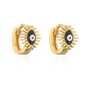 Close-up of gold evil eye hoop earrings with black enamel and spike details