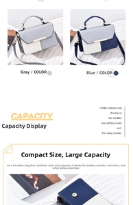 Detail view of bicolor crossbody bag showing interior capacity and golden metal trim