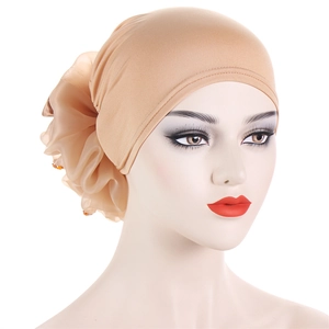 Muslim turban headscarf with floral ruffle design and orange beads in light beige fabric