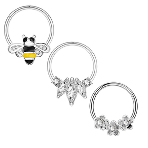 Silver piercing set with bee design and zircon flower studs for nose and ear jewelry