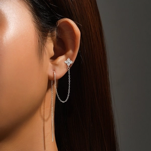 Detailed view of S925 silver four-leaf clover tassel earrings with sparkling zircons