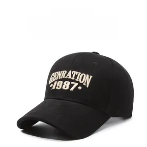 Close-up of premium black baseball cap with white 1987 embroidery and fabric texture