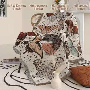 Butterfly Pattern Woven Throw Blanket Cotton Jacquard Bohemian Decorative Tapestry With Tassels For Sofa Bed Picnic