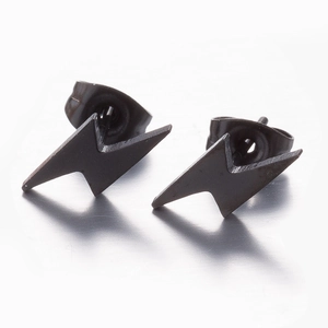 Minimalist matte black lightning bolt stud earrings in stainless steel for women and men
