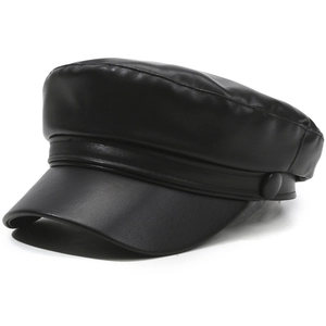 Classic black PU leather newsboy cap for women with stylish flat top and side buttons