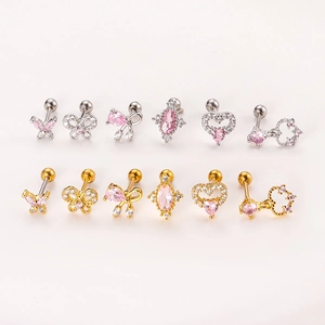 Pink heart and butterfly zircon stud earrings set in silver and gold stainless steel