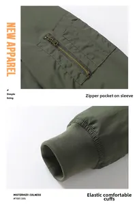 Detail showing the zippered arm pocket and elastic ribbed cuff on army green flight jacket