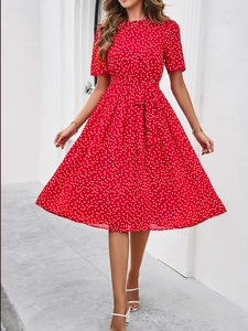 Détail d'une robe mi-longue à pois rouges avec manches courtes et ceinture assortie