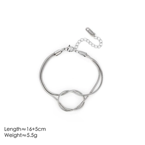 Polished stainless steel double snake chain bracelet with knot detail for women