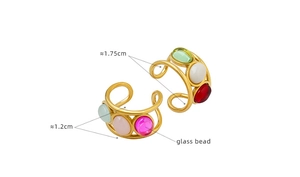 Detail of 18K gold-plated ear cuffs featuring colorful glass beads and size dimensions