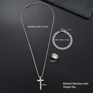 Detailed view of silver stainless steel cross jewelry set with size and weight specs