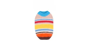 Detail of colorful rainbow striped pet sweater with blue ribbed turtleneck knit texture