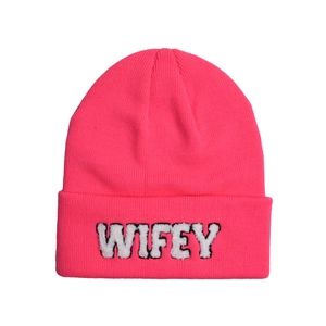 Detail of WIFEY letter embroidery on hot pink ribbed knit beanie hat for women