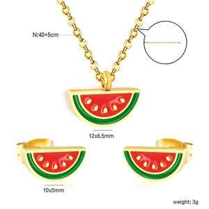Detailed view of watermelon enamel jewelry set with dimensions and product specifications