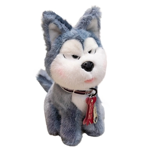 Cute husky plush toy with funny expression and red bone tag on a white background