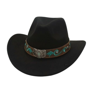 Vintage Western Cowboy Hat Polyester Faux Felt Curved Brim With Embroidery PU Leather Band Metal Butterfly Buckle Ethnic